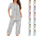 thumbnail image 1 of Hrsba Womens Pajama Sets,Print Ruched Crew Neck Short Sleeve Top and Capri Pants Lounge Sets for Women, 1 of 7