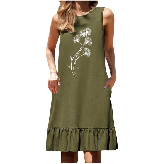 Hrsba Ruffle Dress,Sleeveless Crew Neck Print Dress with Pockets Hem Patchwork for Casual Outdoor