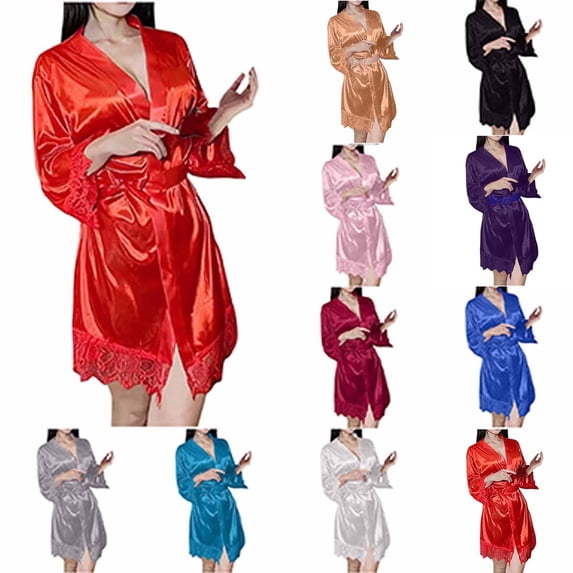 Hrsba Satin Robe for Women,Solid Color Closure Faux Silk Fall Bathrobe