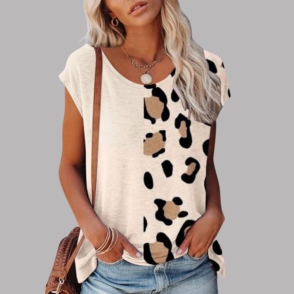 Hrsba Shirts for Women,2 Tone Print Crewneck Top Short Sleeve Casual Summer Ladies Blouse Shirt