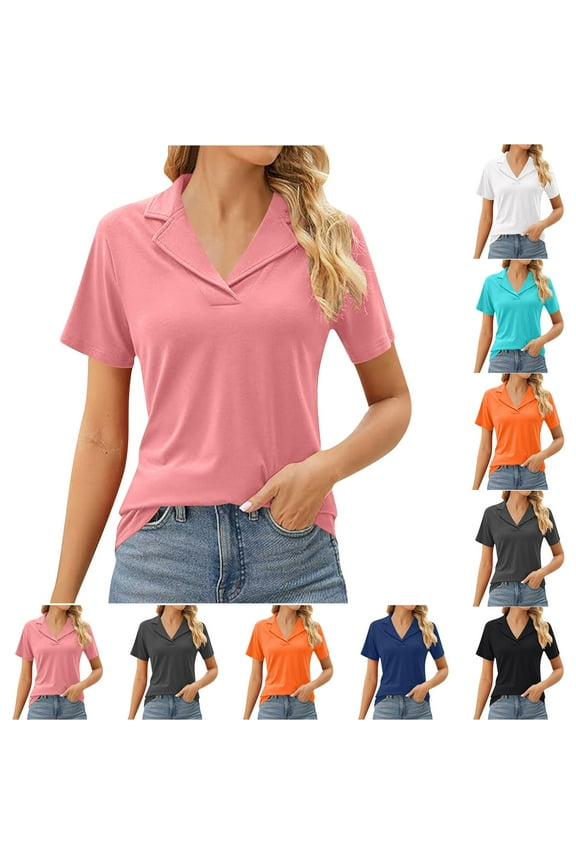 Shirts for Women, Crew Neck Short Sleeve Solid Color Collared Loose Tees Summer Casual Lightweight Breathable Comfortable Daily Tops