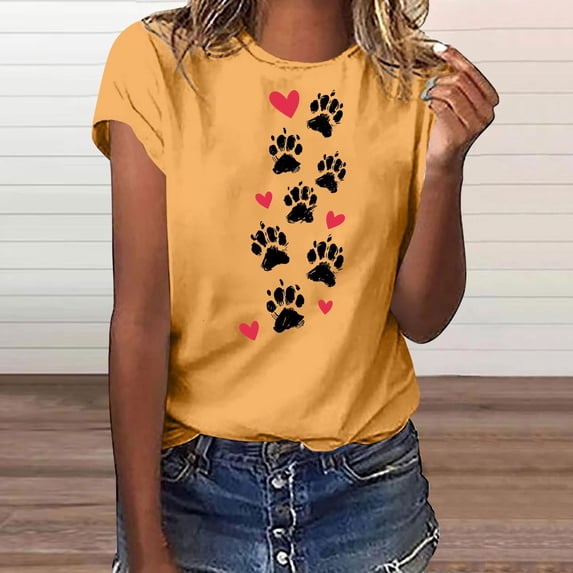 Hrsba Shirts for Women,Ladies Short Sleeve Crewneck Pullover Print Casual Summer Blouse Tops