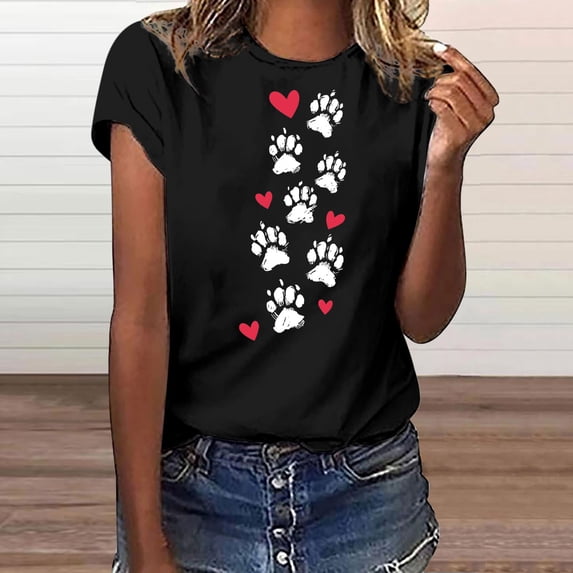Hrsba Shirts for Women,Ladies Short Sleeve Crewneck Pullover Print Casual Summer Blouse Tops