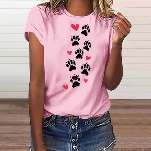 Hrsba Shirts for Women,Ladies Short Sleeve Crewneck Pullover Print Casual Summer Blouse Tops