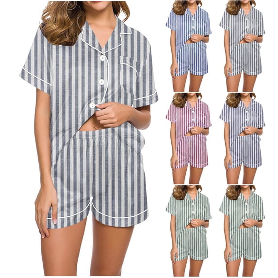 Hrsba Fashion Print Turn Down Collar Pajama Set for Women Short Sleeve 2 Piece Summer Soft Breathable Ladies Sleepwear Nightwear Set