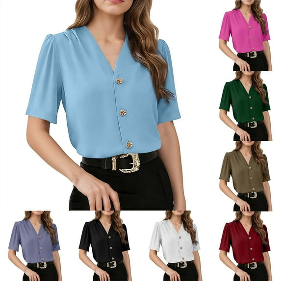 Hrsba Short Sleeve Blouses for Women Casual,Solid Color Summer Ruffled Shoulder Metal Button Open Front Ladies Tops