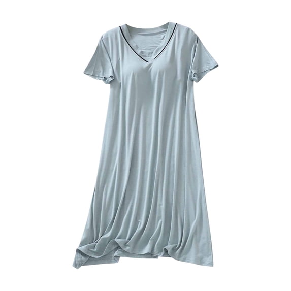 Hrsba Short Sleeve Nightgowns for Women, Solid Color V Neck Lightweight Summer Sleep Dress Cozy Loungewear Soft Fabric