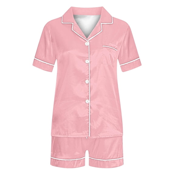 Hrsba Stylish Lapel Pajama Set for Women Solid Color Short Sleeve Top and Pants Summer Soft Ladies Breathable Sleepwear Nightwear Set