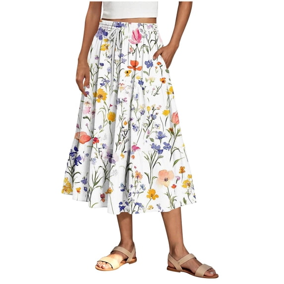 Hrsba Skirts for Women Trendy Print Ruched Elastic Waist Drawstring Pocket Midi Length Summer Skirt for Women