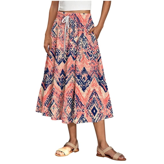 Hrsba Skirts for Women Trendy Print Ruched Elastic Waist Drawstring Pocket Midi Length Summer Skirt for Women