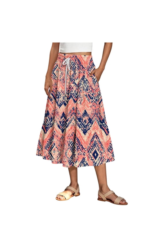 Skirts for Women Trendy Print Ruched Elastic Waist Drawstring Pocket Midi Length Summer Skirt for Women