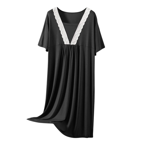 Hrsba Plus Size Lace Sleep Dress Womens Solid Color Crew Neck Nightgown Loose Long Style Soft Comfortable Breathable Lightweight Summer Casual Home Loungewear
