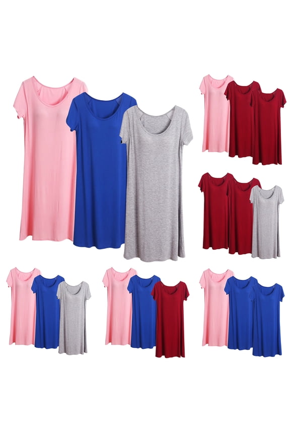 Sleepwear Set for Women, 3 PC Solid Color with Chest Pad Cup Integrated Midi Half Sleeve Long Sleep Dress Summer Wear