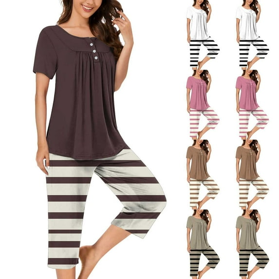 Hrsba Sleepwear Set for Women, Striped Print Crew Neck Button Front Pants Short Sleeve Comfortable Loose Pajama Set