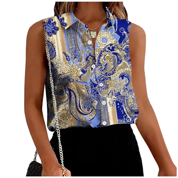 Hrsba Sleeveless Button Down Shirts for Women Print Lapel Neck Button Front Casual Soft Breathable Work Tops for Women