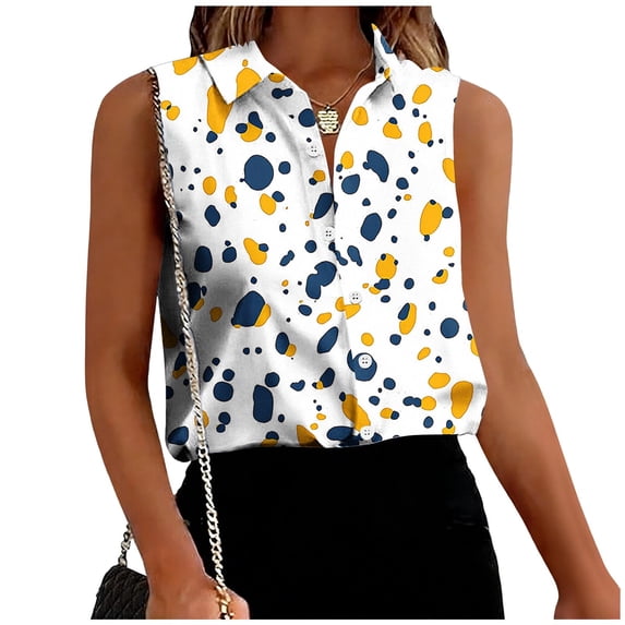Hrsba Sleeveless Button Down Shirts for Women Print Lapel Neck Button Front Casual Soft Breathable Work Tops for Women