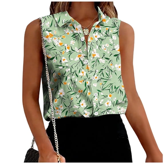 Hrsba Sleeveless Button Down Shirts for Women Print Lapel Neck Button Front Casual Soft Breathable Work Tops for Women