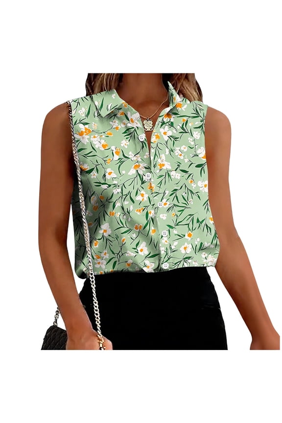 Sleeveless Button Down Shirts for Women Print Lapel Neck Button Front Casual Soft Breathable Work Tops for Women