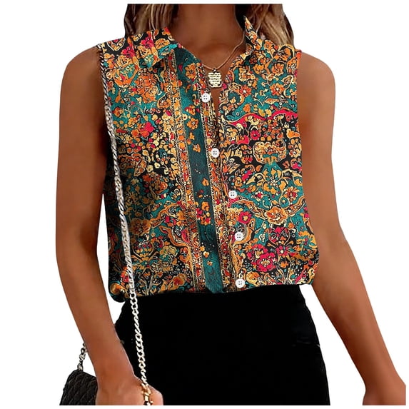 Hrsba Sleeveless Button Down Shirts for Women Print Lapel Neck Button Front Casual Soft Breathable Work Tops for Women