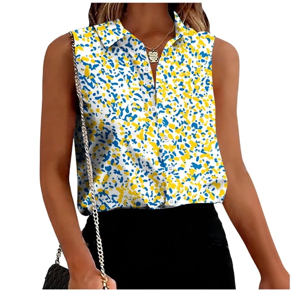 Hrsba Sleeveless Button Down Shirts for Women Print Lapel Neck Button Front Casual Soft Breathable Work Tops for Women