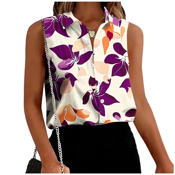 Hrsba Sleeveless Button Down Shirts for Women Print Lapel Neck Button Front Casual Soft Breathable Work Tops for Women