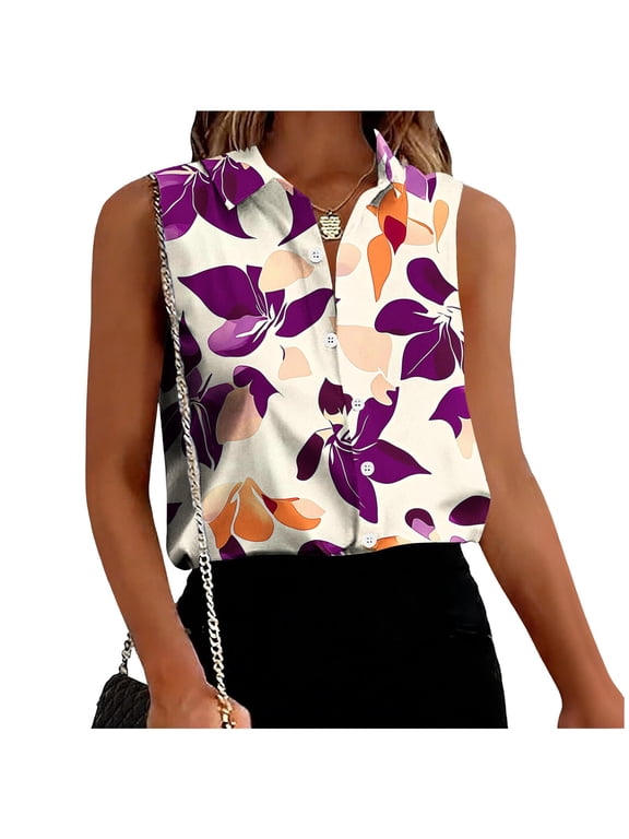 Sleeveless Button Down Shirts for Women Print Lapel Neck Button Front Casual Soft Breathable Work Tops for Women