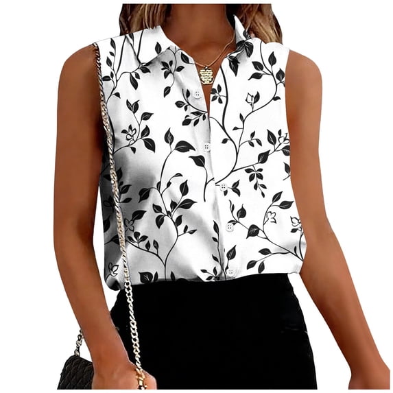 Hrsba Sleeveless Button Down Shirts for Women Print Lapel Neck Button Front Casual Soft Breathable Work Tops for Women