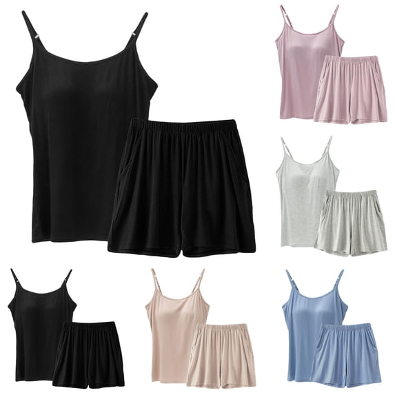 Hrsba Sleeveless Cami Tops with Built in Bra and Pocket Shorts Solid Color 2 Piece Outfits for Women Summer Loungewear