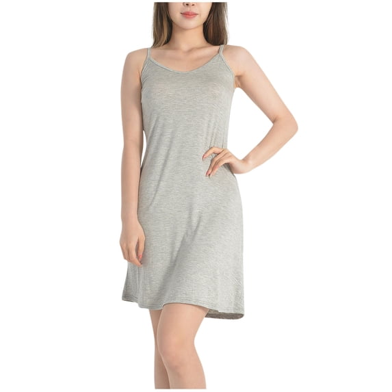 Hrsba Sleeveless Nightgown, Solid Color V Neck Non Adjustable Strappy Lightweight Summer Casual Short Sleep Dress
