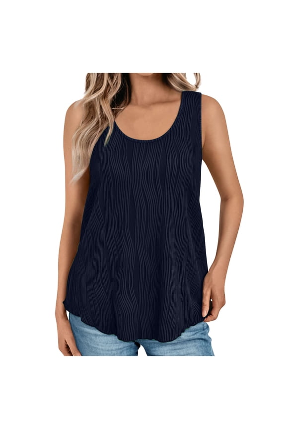 Womens Sleeveless Tops Solid Color Crewneck Wave Texture Soft Breathable Lightweight Summer Basic Casual Cami Tank