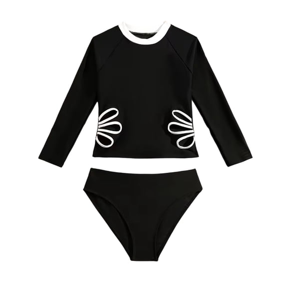 Hrsba Solid Color Cutout Long Sleeve Sun Protection Swimsuit for Girls Summer Swimwear
