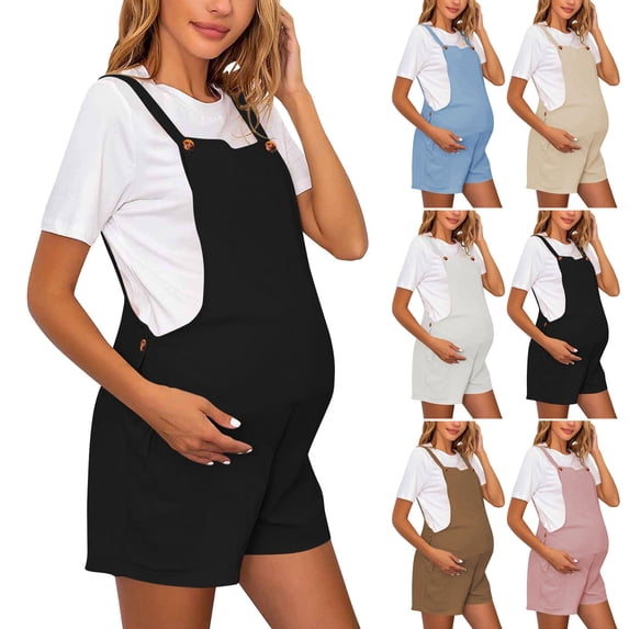 Hrsba Solid Color Maternity Overall Shorts for Women Adjustable Waist with Straps Stretchy Soft Summer Casual Bottoms