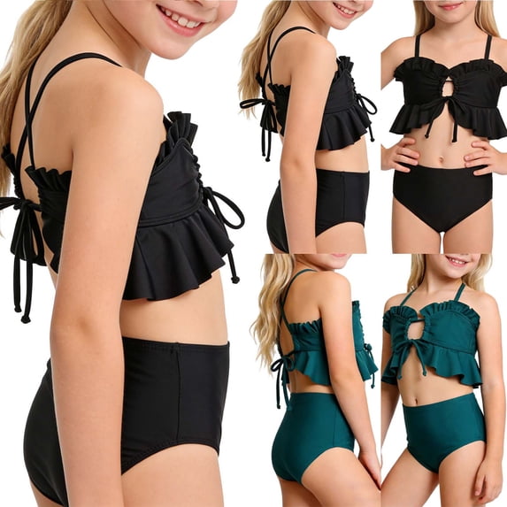 Hrsba Solid Color Nylon Fabric Girls 2 Piece Swimsuit Breathable Summer Swimwear