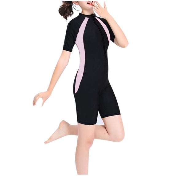 Hrsba Solid Color Short Sleeve Zip Up 1 Piece Swimsuit Breathable Training Swimwear for Kids