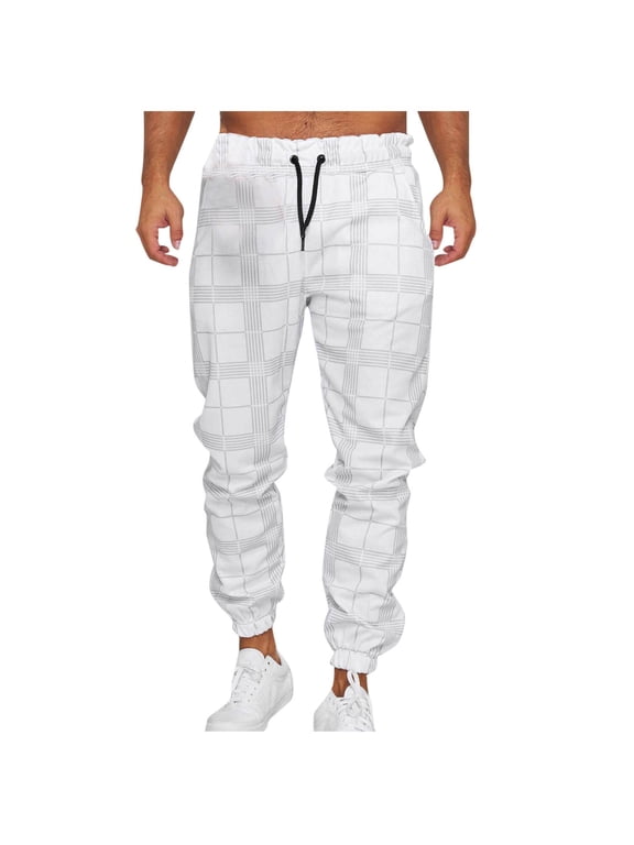 Sports Pants for Men,Plaid Print Casual Drawstring Tapered Leg Breathable Summer Sports Long Pants for Men