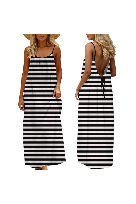 Striped Sleeveless Backless Midi Dress for Women Summer Sun Dress Sleeveless Dress for Beach Daily Wear