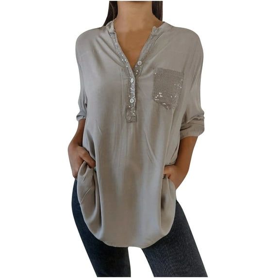 Hrsba Summer Blouses for Women Solid Color V Neck Short Sleeve Linen Shirt with Double Pockets Lightweight Soft Fabric Loose Top for Women