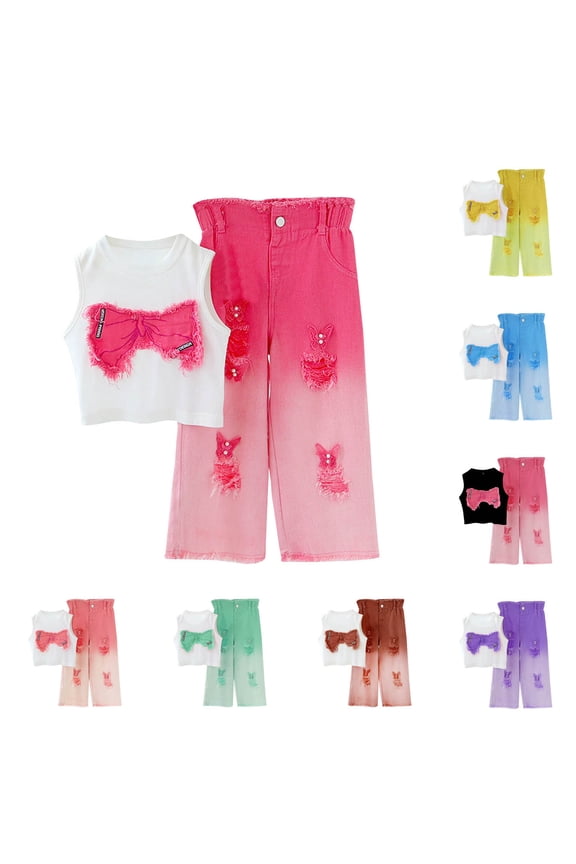 Summer Bow Embroidery Tank Top Gradient Ripped Denim Jeans Casual Sports 2 Piece Set Girls Matching Set