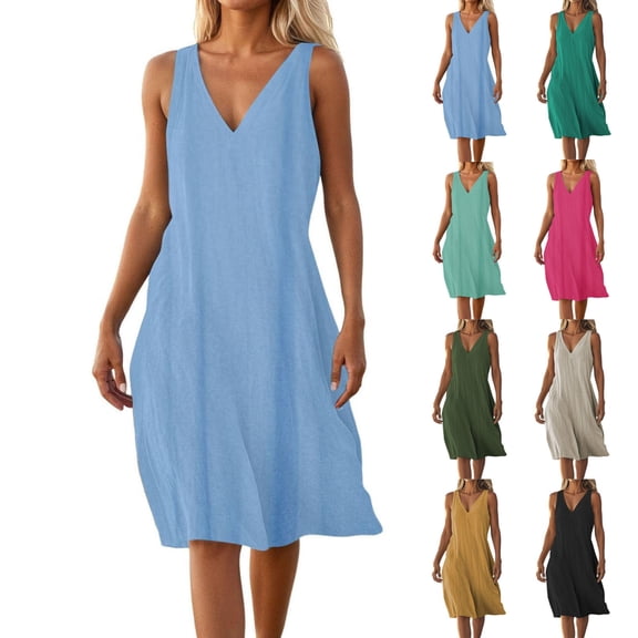 Hrsba Solid Color V Neck Sleeveless Casual Dress for Women Lightweight Comfy Soft Summer Daily Outfits Dresses