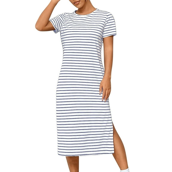 Hrsba Stripe Print Short Sleeve Casual Dress for Women with Pockets Loose Wear Lightweight Breathable Summer Daily Wear Outfits