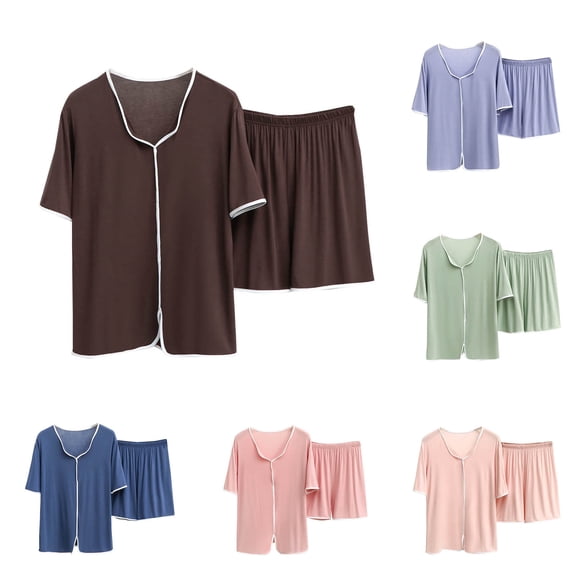 Hrsba Casual Loose Pajama Set for Women Short Sleeve Top with Pants Summer Soft Breathable Ladies Sleepwear Nightwear Pjs Set