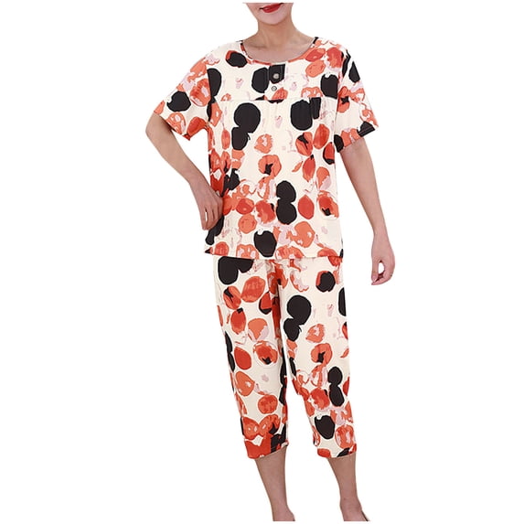 Hrsba Summer Pajamas for Women Set,Casual Print Short Sleeve Crew Neck Top and Pants Set