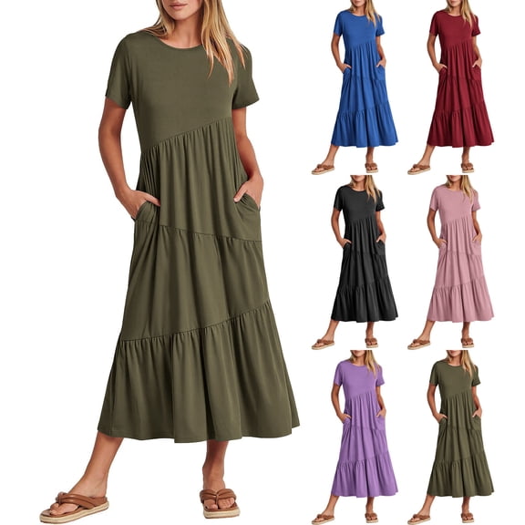 Hrsba Summer Plus Size Dress,Fashion Women Summer Casual Round-Neck Short Sleeve High Waist Dress,Womens Casual Short Sleeve Round-Neck Mid-Calf Dress