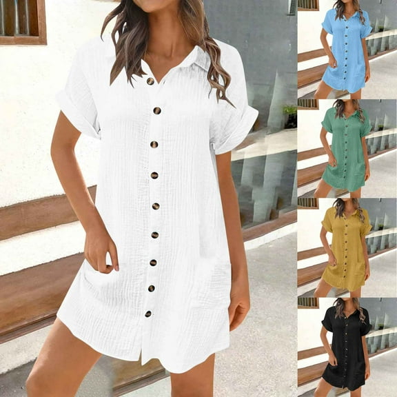 Hrsba Summer Plus Size Dress,Women Shirt Pocket Button Summer Mini Short Sleeve Flip Collar Dress,Womens Casual Short Sleeve Turndown Collar Dress