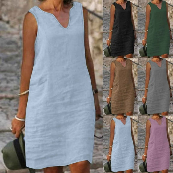 Hrsba Summer Plus Size Dress,Women's Fashion Casual Solid Color Pocket Sleeveless-Neck Dress,Womens Casual Sleeveless V-Neck Dress