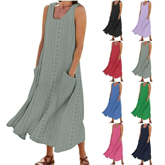 Hrsba Summer Plus Size Dress,Women's Fashion Holiday Summer Solid Color Sleeveless Hollowed Out Party Midi Beach Dress,Womens Casual Sleeveless Round-Neck Dress