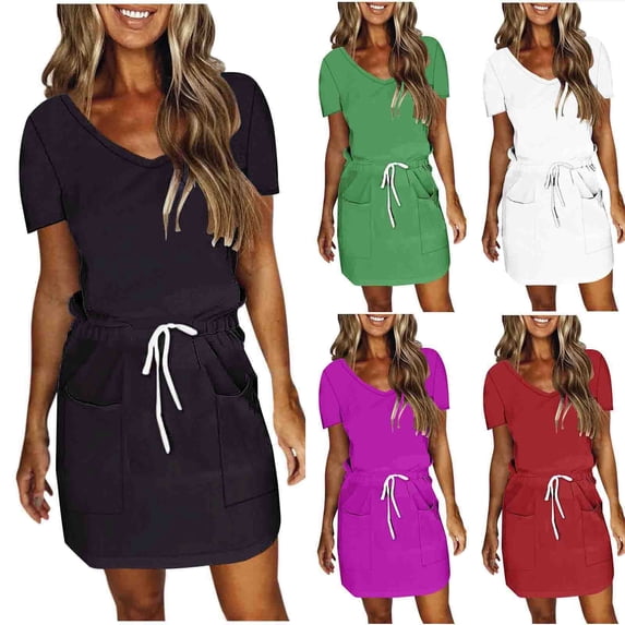 Hrsba Summer Plus Size Dress,Women's Fashion Solid Color Short Sleeve-Neck Mid-Calf Dress,Womens Casual Short Sleeve V-Neck Mid-Calf Dress