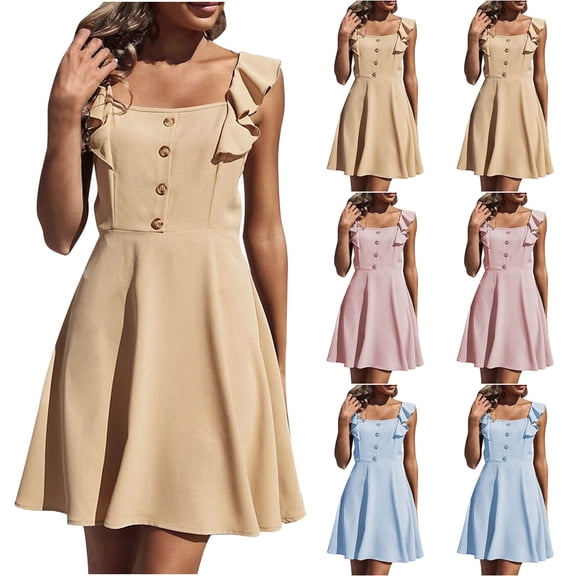 Hrsba Summer Plus Size Dress,Women's New Fashion Neck Casual Sling Style Dress Sleeveless Neck Knee Length Dress,Womens Casual Sleeveless Square Neck Knee-High Dress