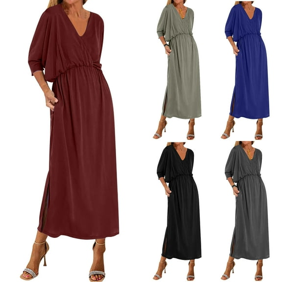 Hrsba Summer Plus Size Dress,Women's Short sleeved-neck Bohemian Fashion Solid Color High Waist and Ankle Split-neck Dress,Womens Casual Short Sleeve V-Neck Ankle Dress