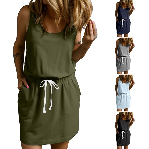 Hrsba Summer Plus Size Dress,Women's Solid Color Comfortable Round Neck Sleeveless Dress,Womens Casual Sleeveless Round-Neck Dress